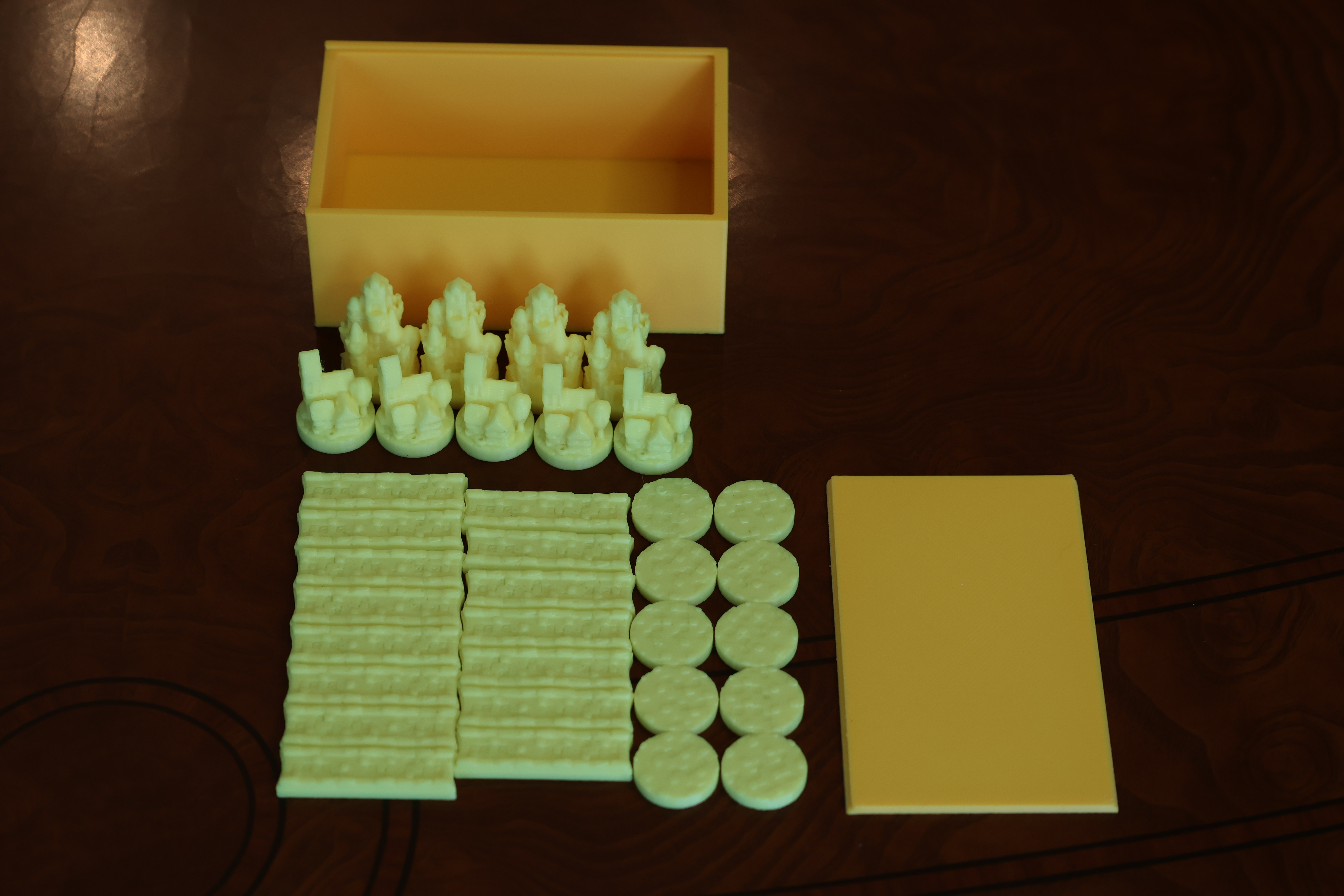 Premium silk-textured Catan player pieces in shimmering yellow Bambu Studios Silk+ filament
